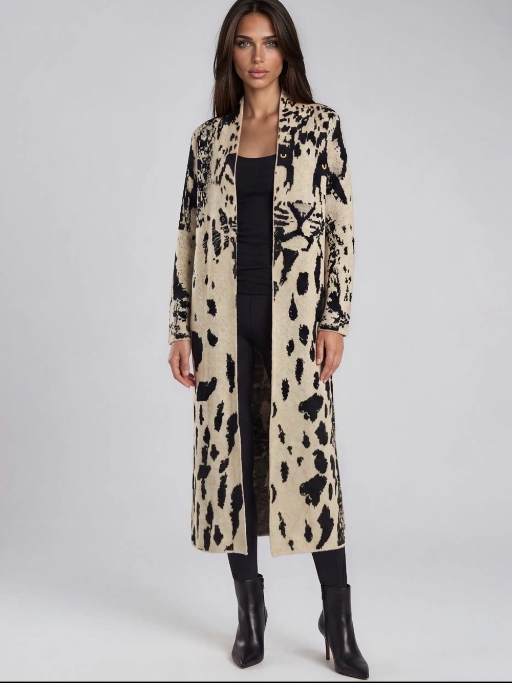 Long Open-Front Leopard Print Cardigan Sweater - Beige/Black